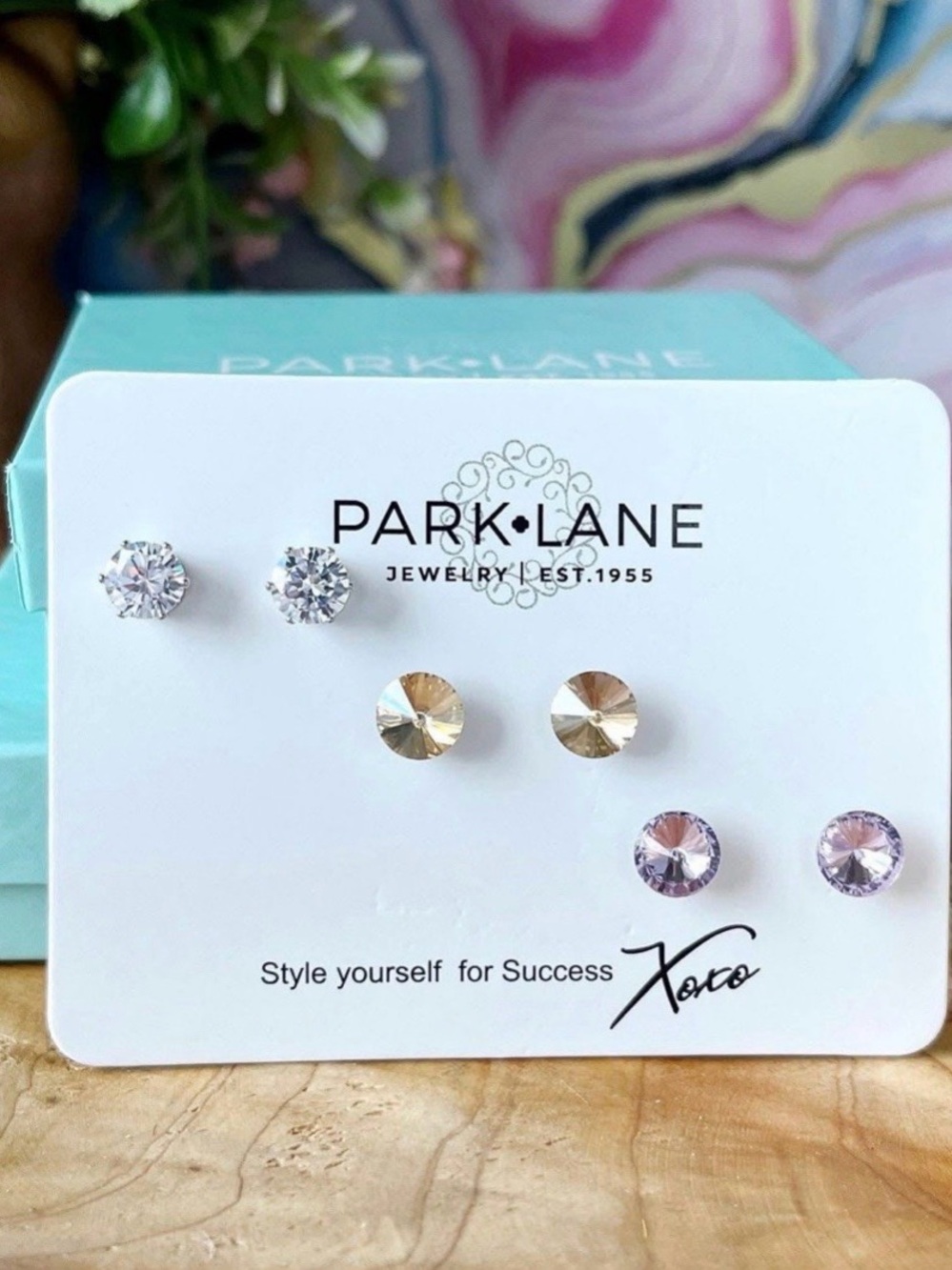 Park Lane 3-Pair Stud Set in Clear, Champagne & Light Purple LOLA